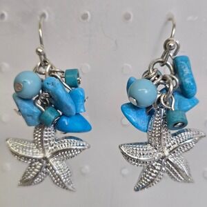 Starfish‎ Silver Tone and Turquoise Colored Bead Dangle Earrings